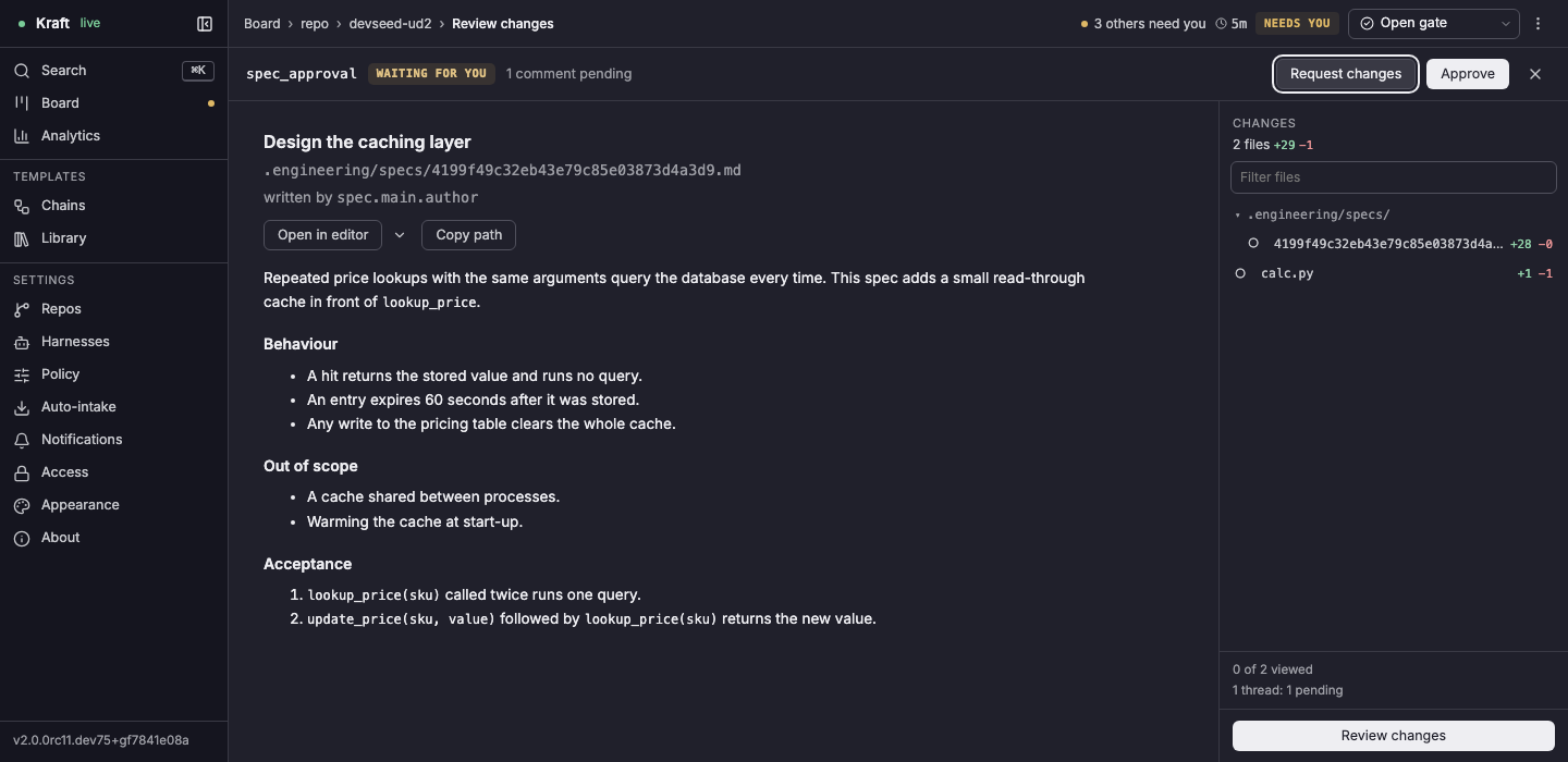 A spec an agent wrote, rendered on the item's review page and waiting for your approval, with Request changes and Approve