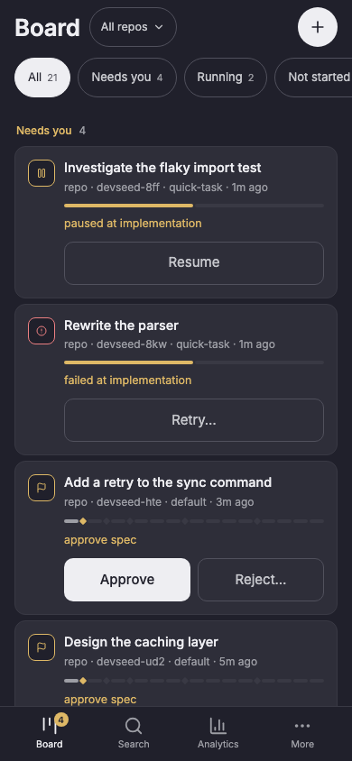 The board at a 390px phone viewport: work items under Needs you with Approve and Reject buttons on the card, and a bottom bar with Board, Search, Analytics and More