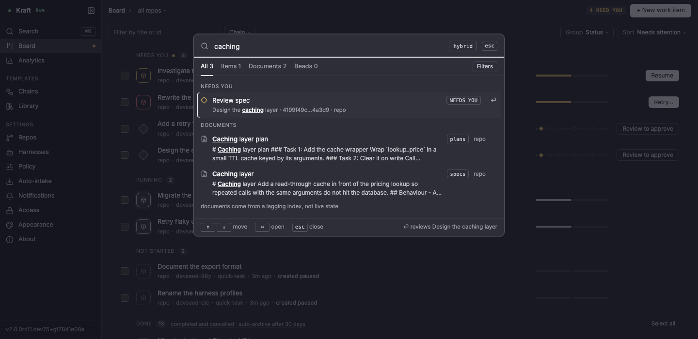 The ⌘K search overlay over the board: a query finds the work item waiting for approval, with tabs for items, documents and beads issues (from the optional beads tracker, bd)